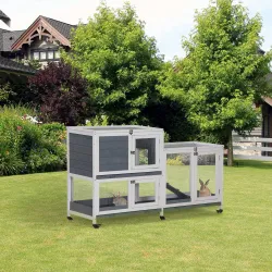 Conejera de Madera con Ruedas 147x45,5x88,5 cm Jaula para Conejos de 2 Niveles con Techo Abrible 2 Corrales de M... - Ogal.Es