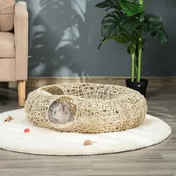 Cama para Gatos de Ratán 78x69x22 cm Cesta para Gatos Rolliza con Cojín Suave 3 Orificios de Acceso Túnel para G... - Ogal.Es