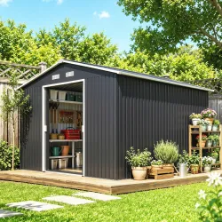 Cobertizo de Jardín 8,3 m² 277x322x192 cm con 2 Puertas Corredizas Base Refuerzo (Suelo NO Incluido) Gris - Ogal.Es