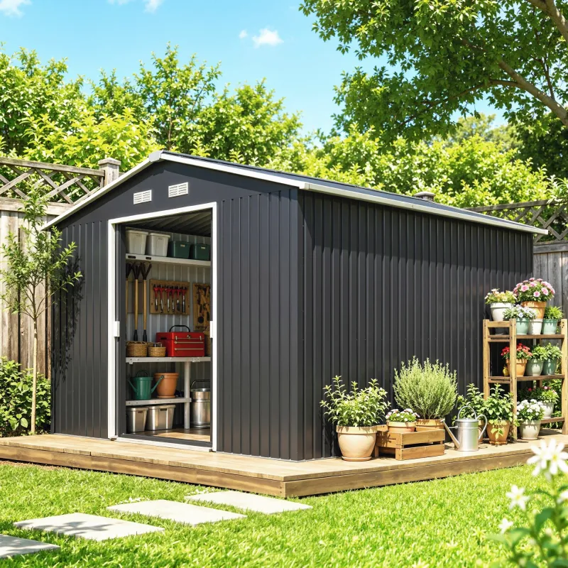 Cobertizo de Jardín 8,3 m² 277x322x192 cm con 2 Puertas Corredizas Base Refuerzo (Suelo NO Incluido) Gris - Ogal.Es