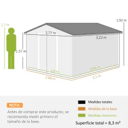 Cobertizo de Jardín 8,3 m² 277x322x192 cm con 2 Puertas Corredizas Base Refuerzo (Suelo NO Incluido) Gris - Ogal.Es