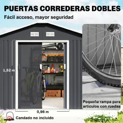 Cobertizo de Jardín 8,3 m² 277x322x192 cm con 2 Puertas Corredizas Base Refuerzo (Suelo NO Incluido) Gris - Ogal.Es