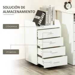 Cajonera de Escritorio con Ruedas, Cajonera de Oficina con 4 Cajones, Archivador Móvil para Estudio, Salón, para... - Ogal.Es