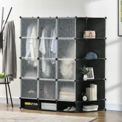 Armario Modular Organizador Portátil con 16 Compartimentos y 2 Barras de Colgar Ropa Negro y Blanco - Ogal.Es