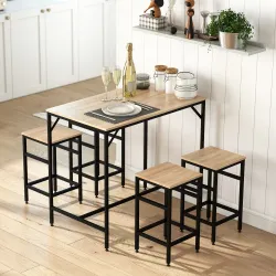 Set de Mesa Bar y 4 Taburetes Muebles Altos con Mesa de 100x60x88 cm y Taburetes de 32x32x57 cm Negro y Roble - Ogal.Es