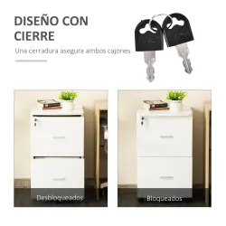Cajonera de Oficina Mueble Auxiliar con 2 Cajones Cierre con Llave para Estudio Despacho 43x45x72 cm Blanco - Ogal.Es