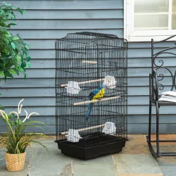 Jaula para Pájaros Pajarera de Metal con 4 Comederos 3 Perchas Columpio y Bandeja Extraíble 46,5x35,5x92 cm Negro - Ogal.Es