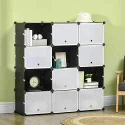 Armario Modular de Plástico Armario Portátil con 12 Cubos Organizador de Zapatos 125x32x125 cm Negro y Blanco - Ogal.Es