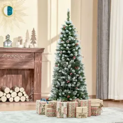 Árbol de Navidad Artificial de 150cm 408 Ramas Bayas y Piñas Puntas Nevadas Decoración Navideña de Interior Verde - Ogal.Es