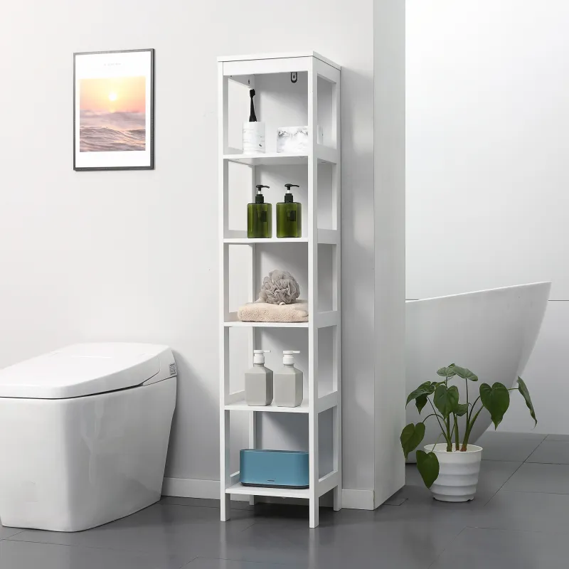 Estantería de Baño de Suelo de 5 Niveles Mueble Auxiliar de Almacenaje para Cocina Salón 30x30x140 cm Blanco - Ogal.Es