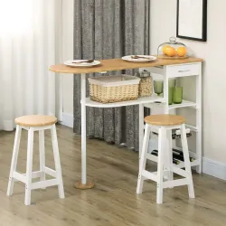 Set de Mesa de Bar de 119x38,5x88,5 cm con Cesta Extraíble y Botellero y 2 Taburetes de 29x29x55 cm Blanco - Ogal.Es