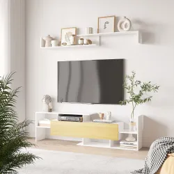 Mueble de Salón para TV Conjunto Muebles de TV 153,6x25x42cm y Estante de Pared 150x14,5x16,3cm Blanco y Natural - Ogal.Es