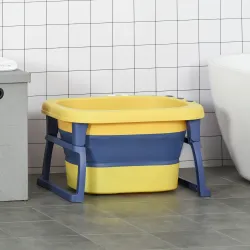 Bañera Plegable para Bebé Bañera Portátil para Niños con Patas Antideslizantes 75,3x55,4x43 cm Amarillo y Azul - Ogal.Es