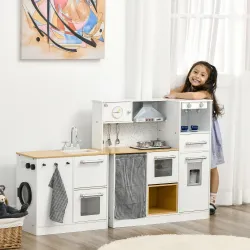 Cocina de Juguete de Madera para Niños de +3 Años Cocinita de Juguete con Luz Sonidos y Taburete Blanco - Ogal.Es