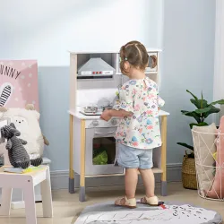 Cocina Infantil de Madera para Niños de +3 Años con Altura Ajustable Luz y Sonidos 60x30,5x93,2 cm Blanco - Ogal.Es