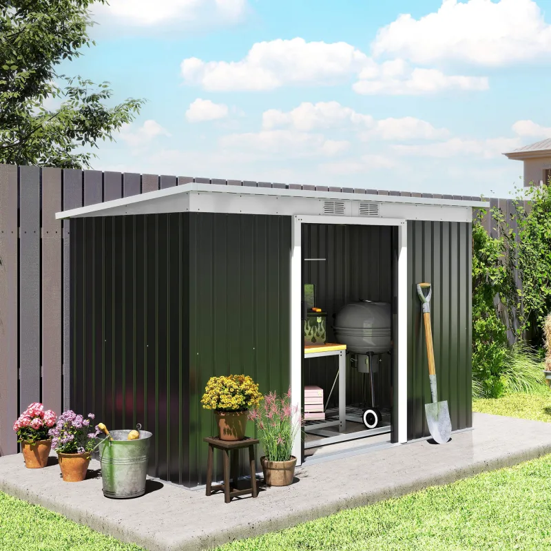 Caseta de Exterior 280x130x172 cm Cobertizo de Jardín con Puertas Correderas Base y Ventilaciones Gris Oscuro - Ogal.Es