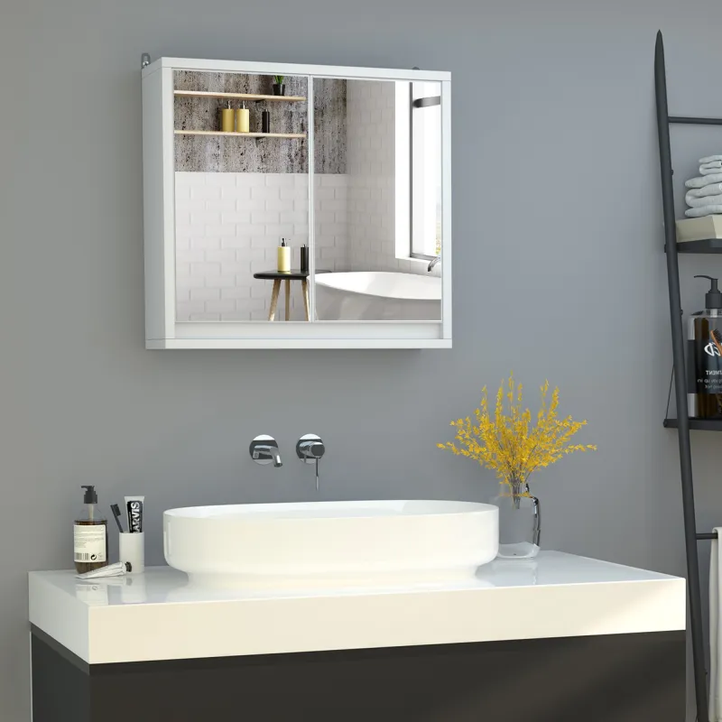 Armario de Baño con Espejo con 2 Puertas y Balda Ajustable Mueble Colgante de Estilo Moderno 48x14,5x45 cm Blanco - Ogal.Es