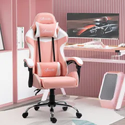 Silla Gaming Silla de Escritorio Reclinable 135° Reposacabezas y Cojín Lumbar 63x67x122-130 cm Rosa - Ogal.Es