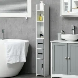 Columna&nbsp;Baño con 3 Puertas y 3 Estantes Mueble Auxiliar Alto de Estilo Moderno 15x17x120cm Blanco y Gris - Ogal.Es