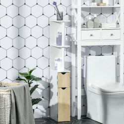 Columna&nbsp;de&nbsp;Baño con 2 Puertas y 2 Estantes Mueble Auxiliar de Baño Moderno 15,2x29,8x118 cm Blanco y Natural - Ogal.Es