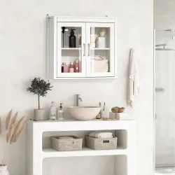 Armario de Baño de Pared con Puertas de Vidrio y Estante Ajustable Mueble Colgante Moderno 60x19,5x54 cm Blanco - Ogal.Es