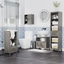 Armario de Baño de Pared con 3 Estantes Abiertos y 1 Puerta Mueble Auxiliar Suspendido Moderno 48x20x50 cm Gris - Ogal.Es