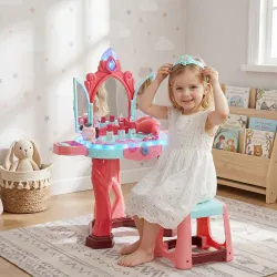 Tocador Infantil +3 Años con Taburete Espejo Luz Música y Secador Tocador de Maquillaje 57x34x76 cm Multicolor - Ogal.Es