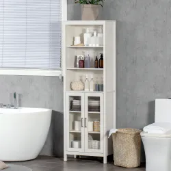 Columna de Baño con 2 Puertas de Vidrio y 3 Estantes Mueble Auxiliar de Estilo Moderno 53x30x162 cm Blanco - Ogal.Es