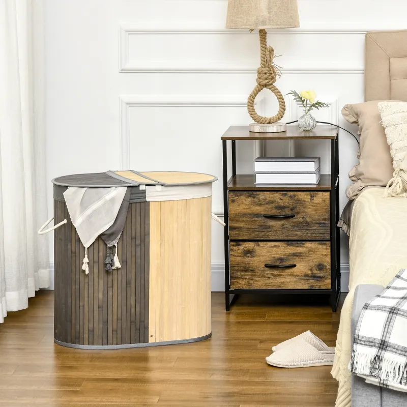Cesto para Ropa Sucia de Bambú Capacidad de 100L Cesta para la Colada con 2 Compartimentos 62,5x37x60,5 cm Gris - Ogal.Es