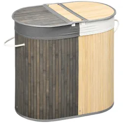 Cesto para Ropa Sucia de Bambú Capacidad de 100L Cesta para la Colada con 2 Compartimentos 62,5x37x60,5 cm Gris - Ogal.Es