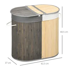 Cesto para Ropa Sucia de Bambú Capacidad de 100L Cesta para la Colada con 2 Compartimentos 62,5x37x60,5 cm Gris - Ogal.Es