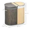 Cesto para Ropa Sucia de Bambú Capacidad de 100L Cesta para la Colada con 2 Compartimentos 62,5x37x60,5 cm Gris - Ogal.Es