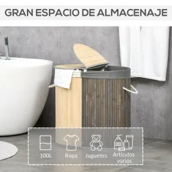Cesto para Ropa Sucia de Bambú Capacidad de 100L Cesta para la Colada con 2 Compartimentos 62,5x37x60,5 cm Gris - Ogal.Es