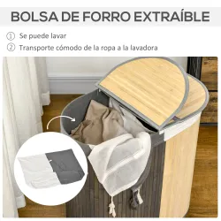 Cesto para Ropa Sucia de Bambú Capacidad de 100L Cesta para la Colada con 2 Compartimentos 62,5x37x60,5 cm Gris - Ogal.Es