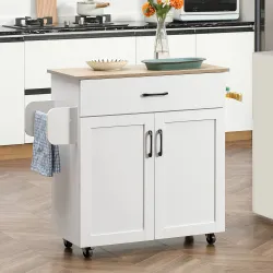Carro de Cocina con 1 Cajón 2 Puertas Barra de Colgar y Especiero Carrito Auxiliar con Ruedas 105x36x85 cm Blanco - Ogal.Es
