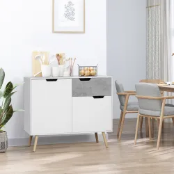 Aparador de Cocina con 2 Puertas y 1 Cajón Estilo Moderno con Patas Inclinadas 98x39x81,5 cm Blanco y Gris - Ogal.Es