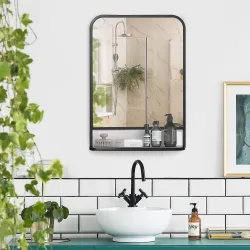 Espejo Decorativo de Pared 50x70 cm Espejo de Metal con Estante para Salón Entrada Estilo Moderno Negro - Ogal.Es