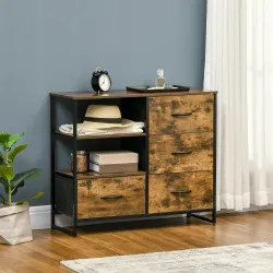 Cómoda de Salón con 4 Cajones de Tela Plegable y 2 Estantes Estilo Industrial 84x30x71,5 cm Marrón Rústico - Ogal.Es