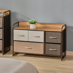 Cómoda para Dormitorio con 5 Cajones Plegables Parte Superior de Madera y Marco Metálico 87,5x29x58 cm Multicolor - Ogal.Es