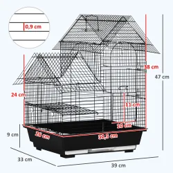 Jaula para Pájaros Pajarera Metálica con 3 Puertas 2 Comederos 2 Perchas para Canarios 39x33x47cm Negro - Ogal.Es