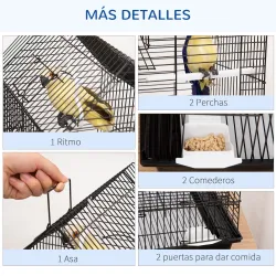 Jaula para Pájaros Pajarera Metálica con 3 Puertas 2 Comederos 2 Perchas para Canarios 39x33x47cm Negro - Ogal.Es