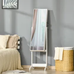 Espejo Joyero de Pie con Ángulo Ajustable y Ranuras para Pendientes Anillos y Collares 46x36,5x151,5 cm Blanco - Ogal.Es