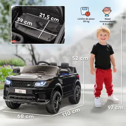 Coche Eléctrico SUV para 3-6 Años Coche de Batería 12V con 2 Motores Mando a Distancia 110x68x52 cm Negro - Ogal.Es