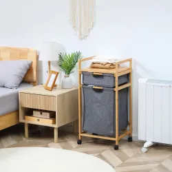 Cesto para Ropa Sucia Cesta para la Colada de Bambú con 2 Bolsas de Tela Extraíbles y Ruedas 42x35x84,5 cm Gris - Ogal.Es