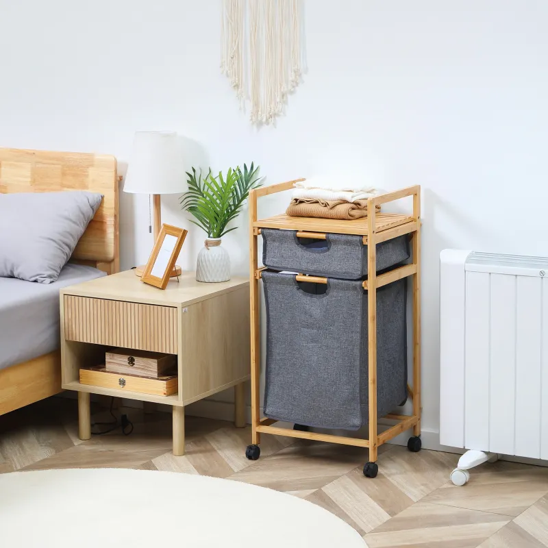 Cesto para Ropa Sucia Cesta para la Colada de Bambú con 2 Bolsas de Tela Extraíbles y Ruedas 42x35x84,5 cm Gris - Ogal.Es