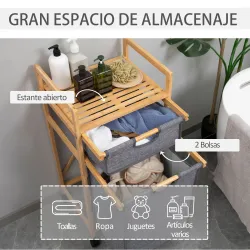 Cesto para Ropa Sucia Cesta para la Colada de Bambú con 2 Bolsas de Tela Extraíbles y Ruedas 42x35x84,5 cm Gris - Ogal.Es