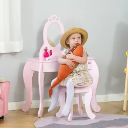 Tocador Infantil de Madera para 3-6 Años con Cajón Taburete a Juego y Espejo Tipo Princesa 60x36x88 cm Rosa - Ogal.Es