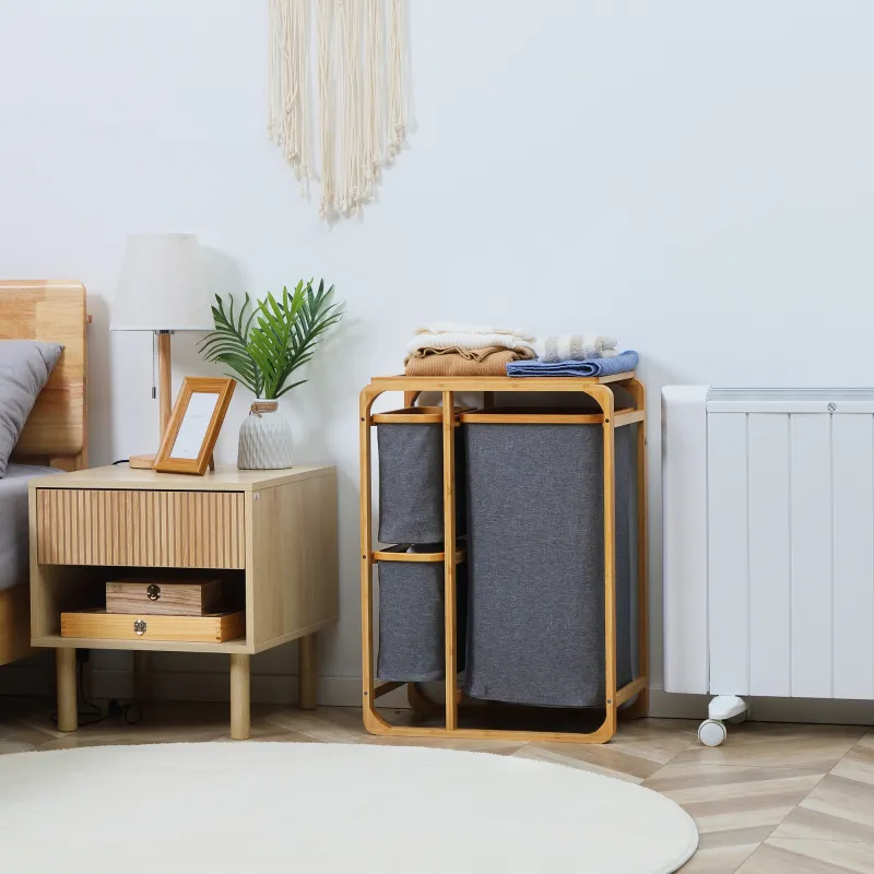 Cesto para Ropa Sucia de Bambú Cesta para la Colada con 3 Bolsas de Tela Extraíbles 50x32x69,7 cm Gris - Ogal.Es