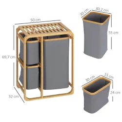 Cesto para Ropa Sucia de Bambú Cesta para la Colada con 3 Bolsas de Tela Extraíbles 50x32x69,7 cm Gris - Ogal.Es