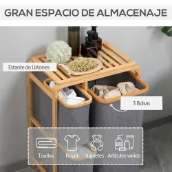 Cesto para Ropa Sucia de Bambú Cesta para la Colada con 3 Bolsas de Tela Extraíbles 50x32x69,7 cm Gris - Ogal.Es